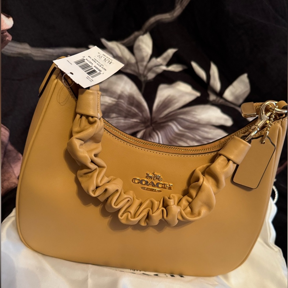 Coach Tan Leather Shoulder Bag with Ruffled Detail
